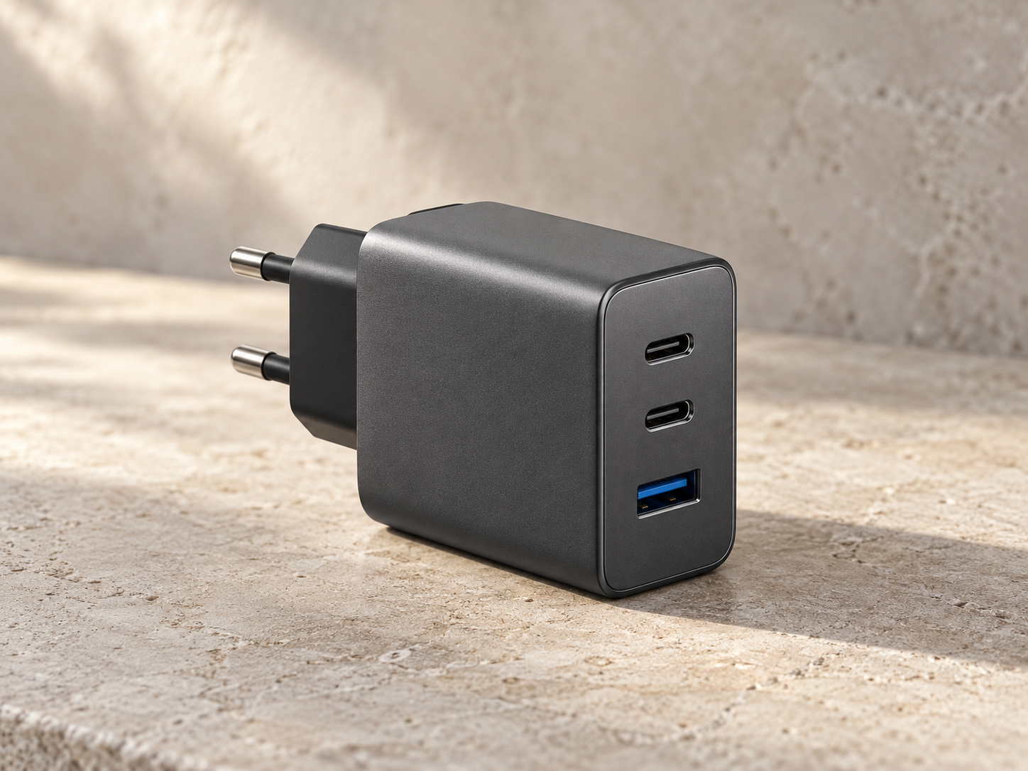 Củ sạc GaN CUKTECH A15C màu xám với hai USB-C và một USB-A