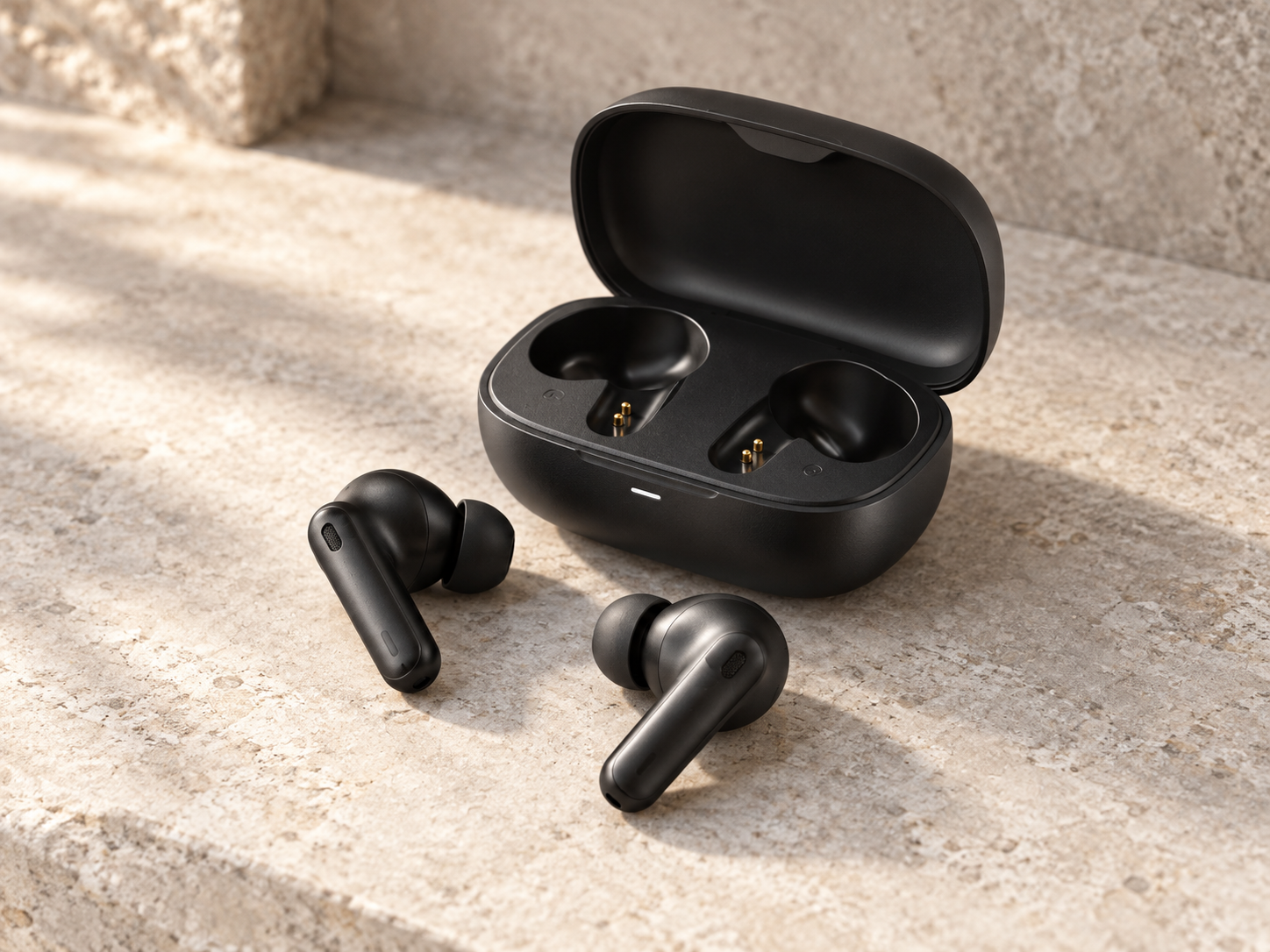 Tai nghe EarFun Air Pro 4+ màu đen cùng hộp sạc mở