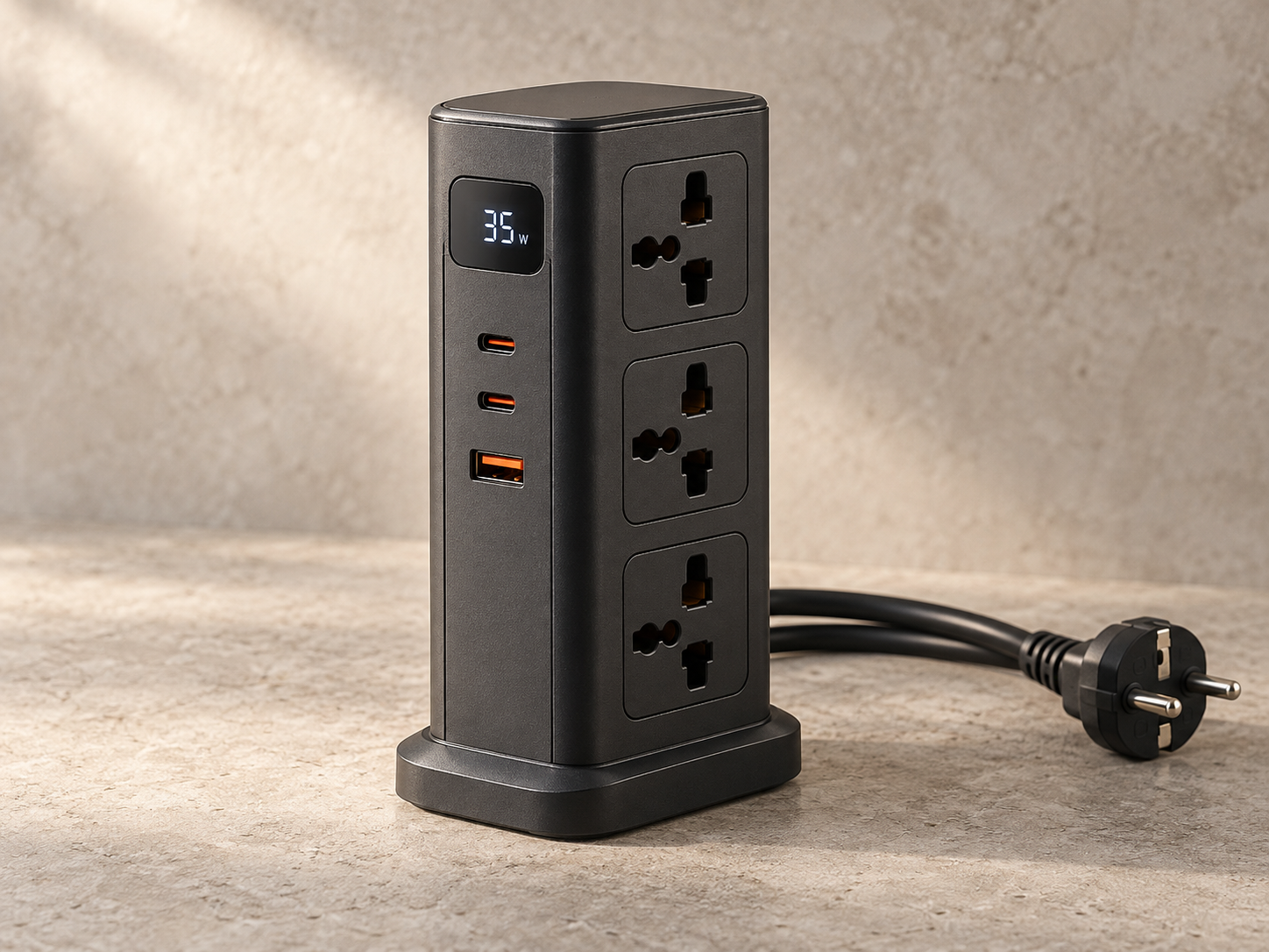Ổ điện đa năng LDNIO SC2 màu đen với ba ổ AC và ba cổng USB