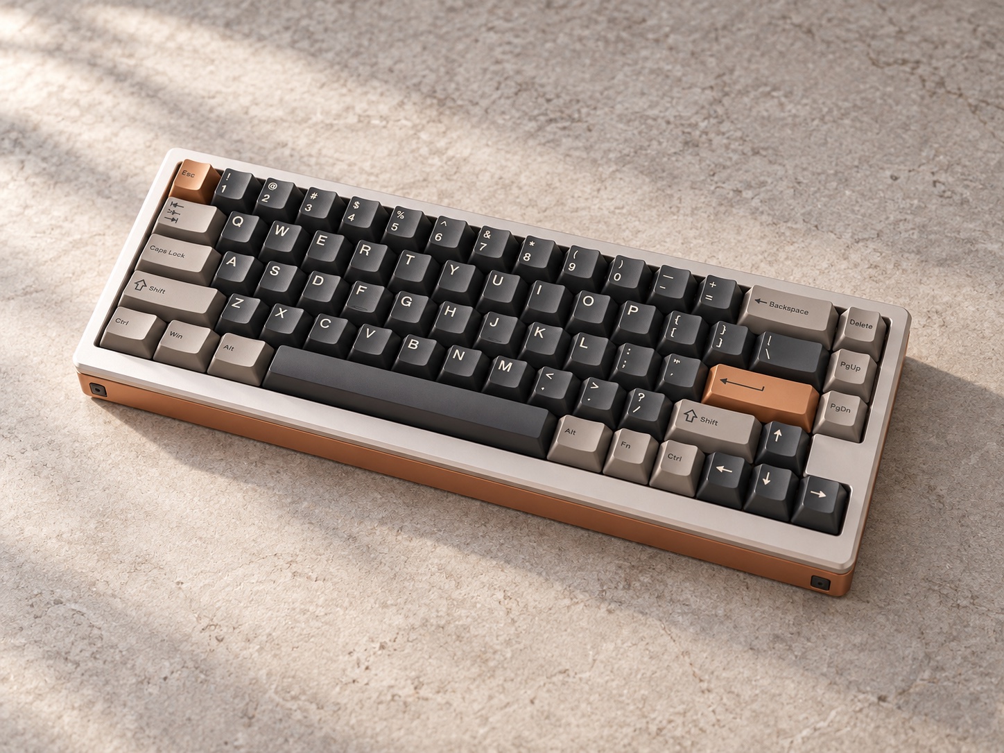 Ảnh AI minh họa WOBKEY Zen65 Limited Edition màu bạc ấm với đáy đồng